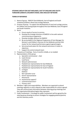 Steering Group for East Midlands, East of England and South Yorkshire (Emeesy) Children’S Renal and Urology Network
