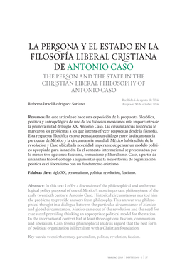 La Persona Y El Estado En La Filosofía Liberal Cristiana De Antonio Caso the Person and the State in the Christian Liberal Philosophy of Antonio Caso