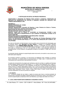 MUNICÍPIO DE NOVA ODESSA SECRETARIA DE ADMINISTRAÇÃO Suprimentos E Licitações 1 16/PP/2020