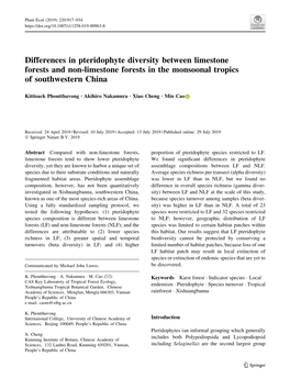 Differences in Pteridophyte Diversity Between Limestone Forests and Non-Limestone Forests in the Monsoonal Tropics of Southwestern China