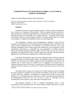 Traditional Forms of Common Property Rights: a Case Study in Southern Mozambique1