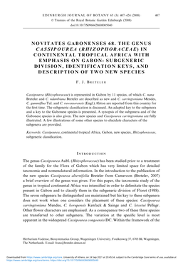 Novitates Gabonenses 68. the Genus Cassipourea ( Rhizophoraceae) in Continental Tropical Africa with Emphasis on Gabon: Subgene