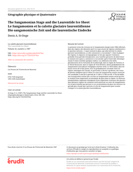 The Sangamonian Stage and the Laurentide Ice Sheet Le Sangamonien Et La Calotte Glaciaire Laurentidienne Die Sangamonische Zeit Und Die Laurentische Eisdecke Denis A