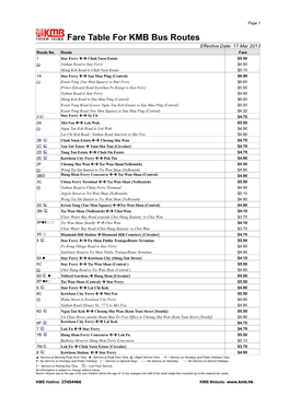 Fare Table for KMB Bus Routes Effective Date: 17 Mar 2013 Route No