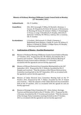 Minutes of Ordinary Meeting of Kilkenny County Council Held on Monday 21St November, 2011