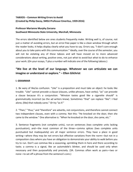 TABOOS – Common Writing Errors to Avoid (Created by Philip Dacey, SMSU Professor Emeritus, 1939-2016)