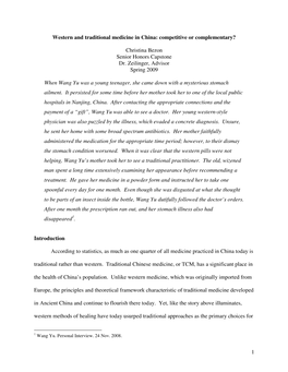 1 Western and Traditional Medicine in China: Competitive Or Complementary? Christina Bezon Senior Honors Capstone Dr. Zeilinger