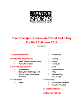 Overtime Sports Bozeman Official Co-Ed Flag Football Rulebook 2018 Contents