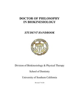 Doctor of Philosophy Degree in Biokinesiology Student Handbook