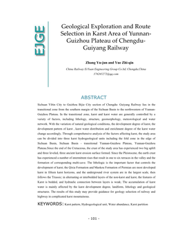 Geological Exploration and Route Selection in Karst Area of Yunnan- Guizhou Plateau of Chengdu- Guiyang Railway