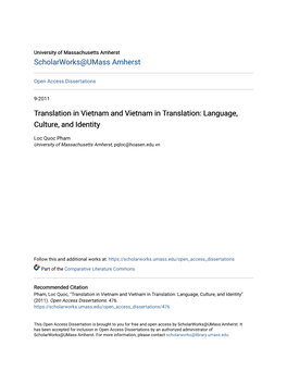 Translation in Vietnam and Vietnam in Translation: Language, Culture, and Identity