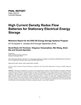 High Current Density Redox Flow Batteries for Stationary Electrical Energy Storage
