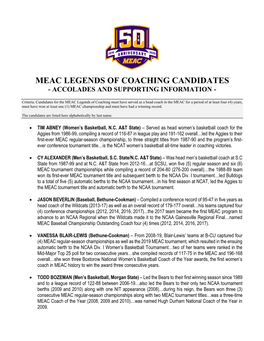 Meac Legends of Coaching Candidates - Accolades and Supporting Information