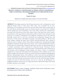 Orality, Literacy and Pedagogical Implications in Traditional African Societies: the Bakor Experience in Cross River State, Nigeria