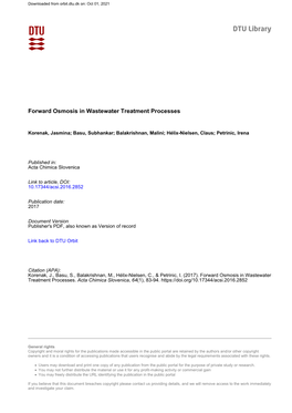 Forward Osmosis in Wastewater Treatment Processes