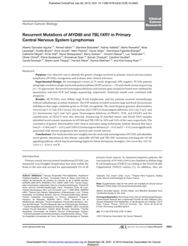 Recurrent Mutations of MYD88 and TBL1XR1 in Primary Central Nervous System Lymphomas