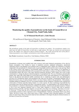 Monitoring the Quality of Groundwater on the Bank of Cooum River at Chennai City, Tamil Nadu, India