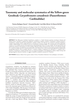 Taxonomy and Molecular Systematics of the Yellow-Green Grosbeak Caryothraustes Canadensis (Passeriformes: Cardinalidae)