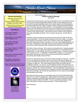 Snake River Skies the Newsletter of the Magic Valley Astronomical Society