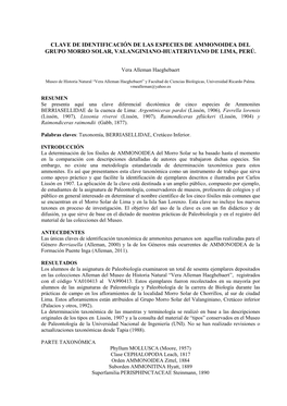 Clave De Identificación De Las Especies De Ammonoidea Del Grupo Morro Solar, Valanginiano-Huateriviano De Lima, Perú