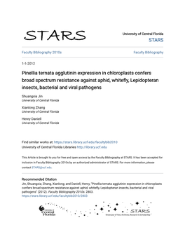 Pinellia Ternata Agglutinin Expression in Chloroplasts Confers Broad Spectrum Resistance Against Aphid, Whitefly, Lepidopteran Insects, Bacterial and Viral Pathogens