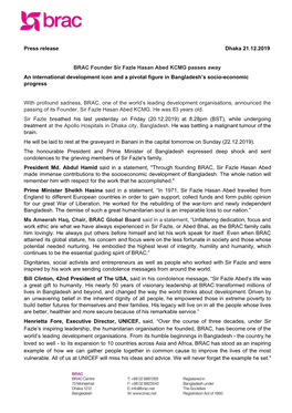 Press Release Dhaka 21.12.2019 BRAC Founder Sir Fazle Hasan Abed KCMG Passes Away an International Development Icon and a Pivota