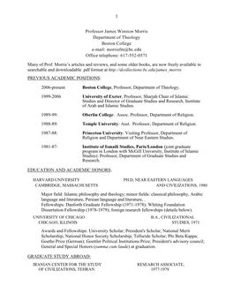 Professor James Winston Morris Department of Theology Boston College E-Mail: Morrisfm@Bc.Edu Office Telephone: 617-552-0571 Many of Prof