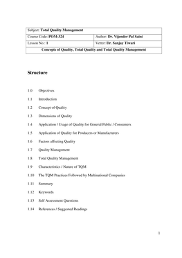 Total Quality Management Course Code: POM-324 Author: Dr