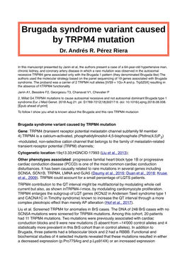 Brugada Syndrome Variant Caused by TRPM4 Mutation Dr