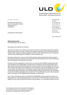 Stiftung Datenschutz Pressemeldungen Vom 26.10.2011