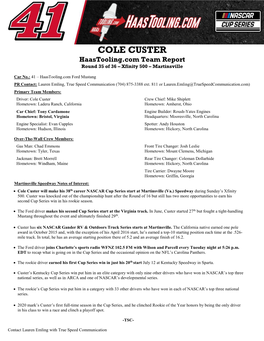 COLE CUSTER Haastooling.Com Team Report Round 35 of 36 – Xfinity 500 – Martinsville