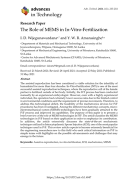 Research Paper the Role of MEMS in In-Vitro-Fertilization