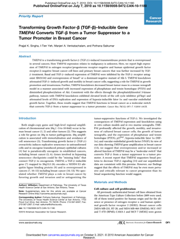 Transforming Growth Factor-Β (TGF-Β)–Inducible Gene TMEPAI Converts TGF-Β from a Tumor Suppressor to a Tumor Promoter in Breast Cancer