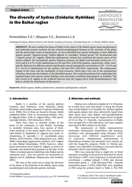 The Diversity of Hydras (Cnidaria: Hydridae) in the Baikal Region