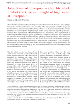 John Kaye of Liverpool – Can His Clock Predict the Time and Height of High Water at Liverpool? Steve and Darlah Thomas*