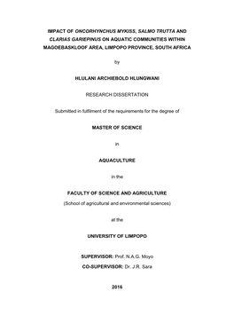 Impact of Oncorhynchus Mykiss, Salmo Trutta and Clarias Gariepinus on Aquatic Communities Within Magoebaskloof Area, Limpopo Province, South Africa