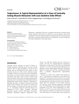 Tolperisone: a Typical Representative of a Class of Centrally Acting Muscle Relaxants with Less Sedative Side Effects