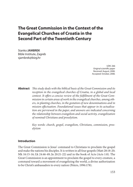 The Great Commission in the Context of the Evangelical Churches of Croatia