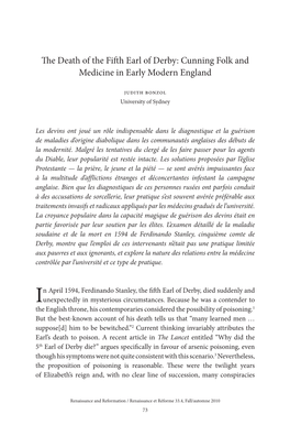 The Death of the Fifth Earl of Derby: Cunning Folk and Medicine in Early Modern England