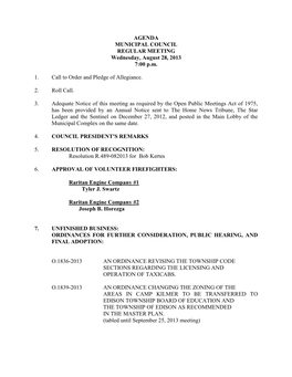 AGENDA MUNICIPAL COUNCIL REGULAR MEETING Wednesday, August 28, 2013 7:00 P.M