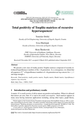 Total Positivity of Toeplitz Matrices of Recursive Hypersequences∗