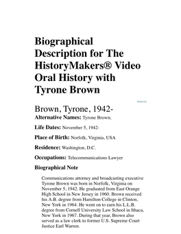 Biographical Description for the Historymakers® Video Oral History with Tyrone Brown