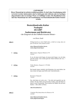 Deutschlandradio Kultur Nachspiel 20.5.2007 Saubermann Und Beichtvater - Der Zeugwart Als Des Fußballs Treuester Diener