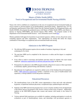 Master of Public Health (MPH) Track in Occupational and Environmental Health Nursing (OEHN) Admission to the MPH Program Educat