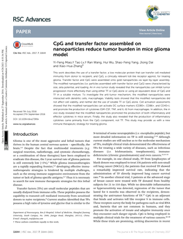 Cpg and Transfer Factor Assembled on Nanoparticles Reduce Tumor Burden in Mice Glioma Cite This: RSC Adv.,2017,7, 11644 Model