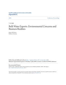 Bulk Water Exports: Environmental Concerns and Business Realities James Mcniven Dalhousie University