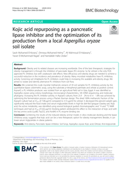 Kojic Acid Repurposing As a Pancreatic Lipase Inhibitor and the Optimization of Its Production from a Local Aspergillus Oryzae S