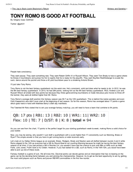 Tony Romo Is Good at Football « Prediction, Probability, and Pigskin