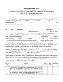 Postal Ballot Paper Form for the Extraordinary General Meeting of Shareholders of Electromagnetica Called for 30 August/2 September 2013
