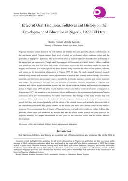 Effect of Oral Traditions, Folklores and History on the Development of Education in Nigeria, 1977 Till Date